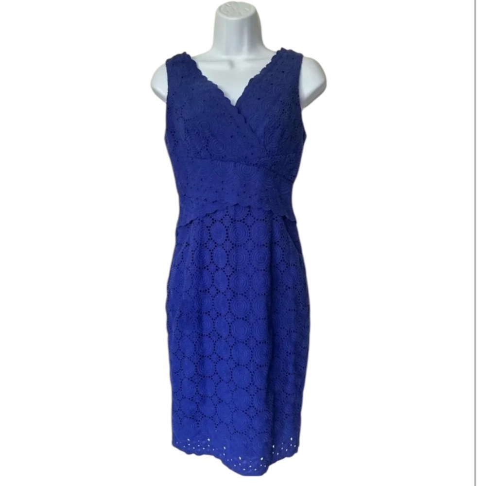 Kay Unger sheath dress blue sleeveless eyelet lace cotton excellent Size 2 - Picture 2 of 9